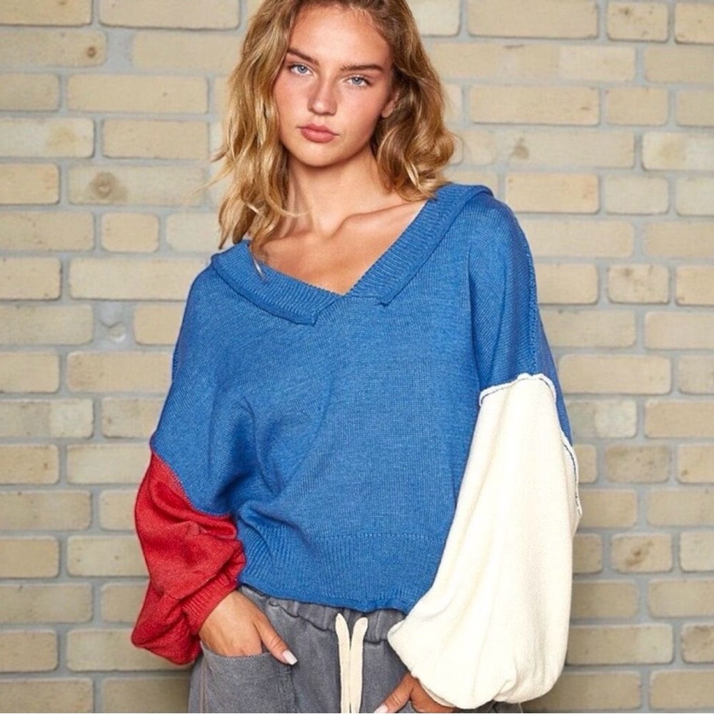 P.O.L. Color Block Exposed Seam Contrast V-Neck Lantern Sleeve Cotton Sweater L